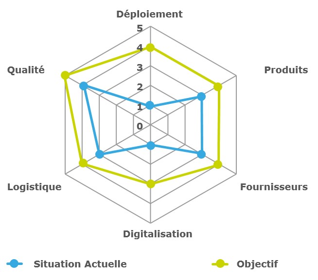 L'application Savinâside permet de visualiser le niveau de maturité d'une entreprise sur chacun des 6 leviers Diagramme indiquant les 6 leviers de l'application Savinâside.